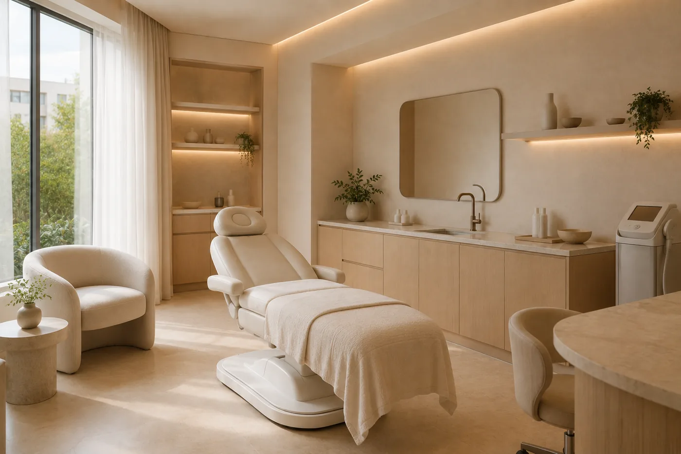 Sala de atendimento da Clínica RK, com maca preparada e vista para o jardim