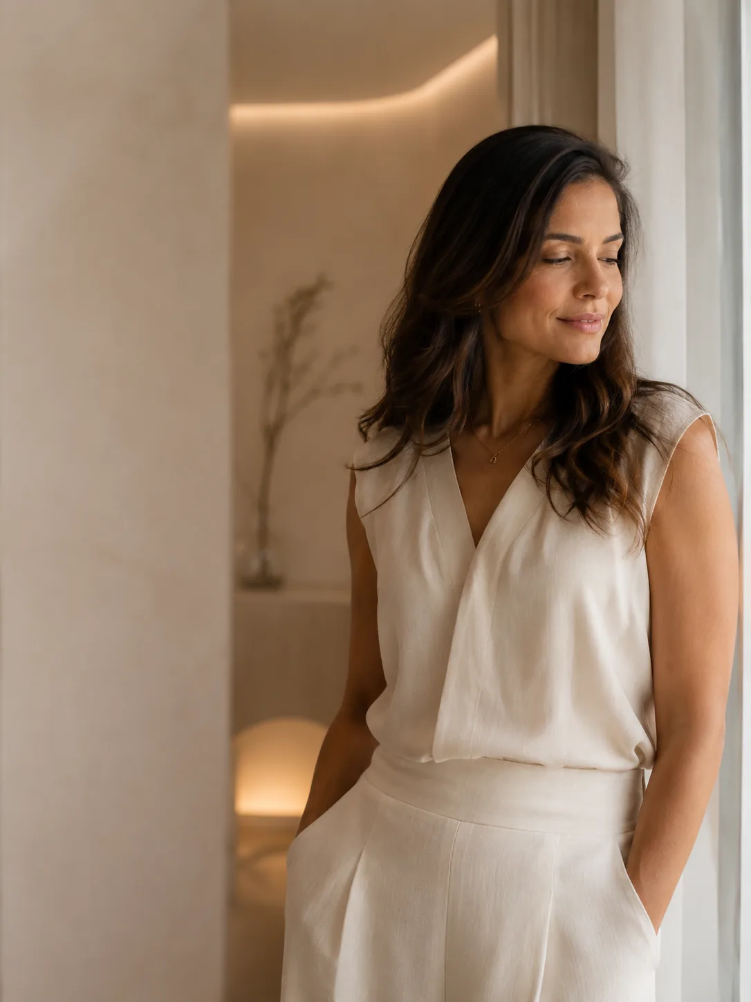 Mulher em pé junto à parede clara da Clínica RK, iluminada por luz natural